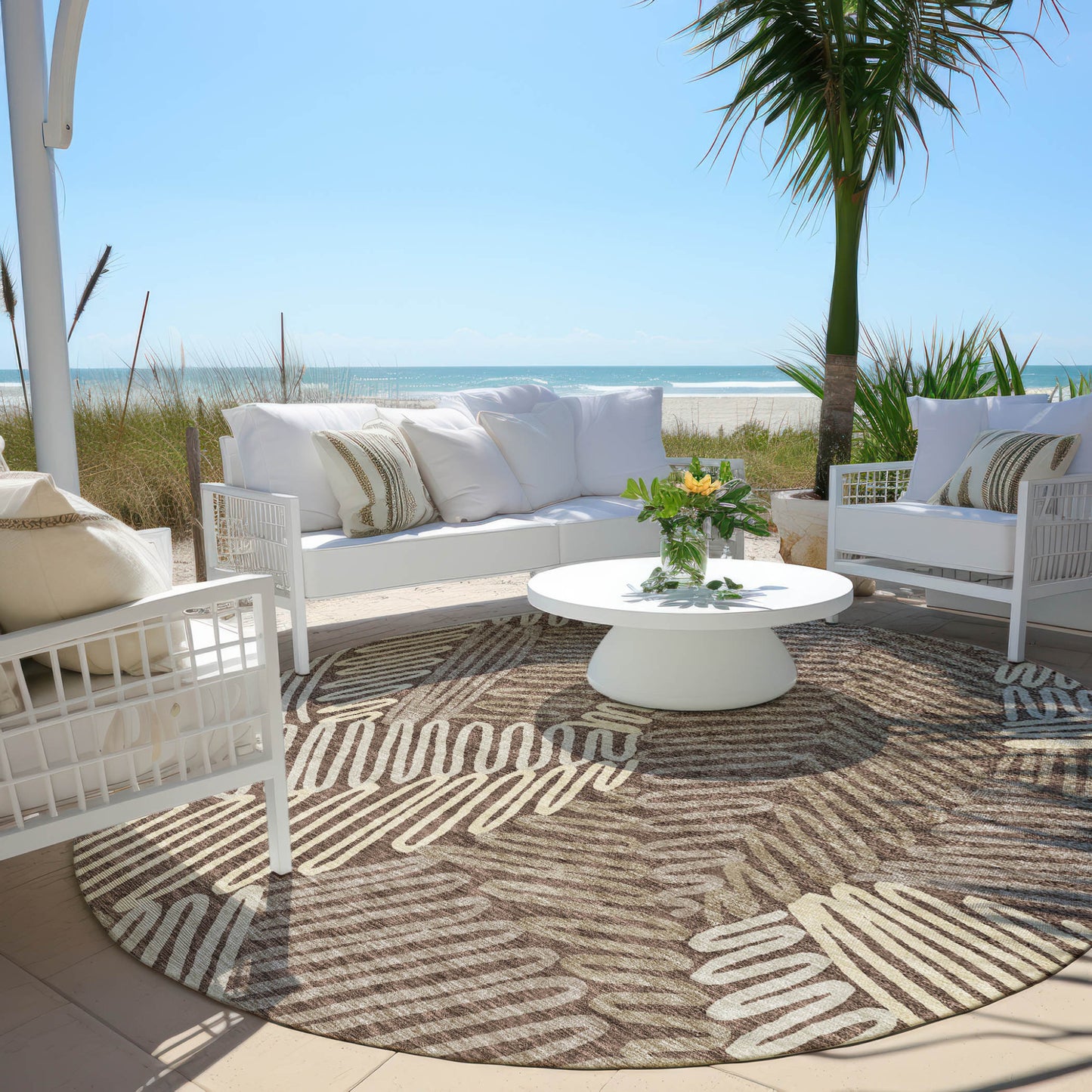 Tabselect Home Line 8' Chocolate And Ivory Round Floral Washable Indoor Outdoor Area Rug