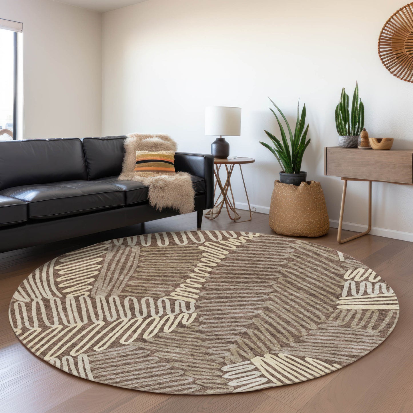 Tabselect Home Line 8' Chocolate And Ivory Round Floral Washable Indoor Outdoor Area Rug