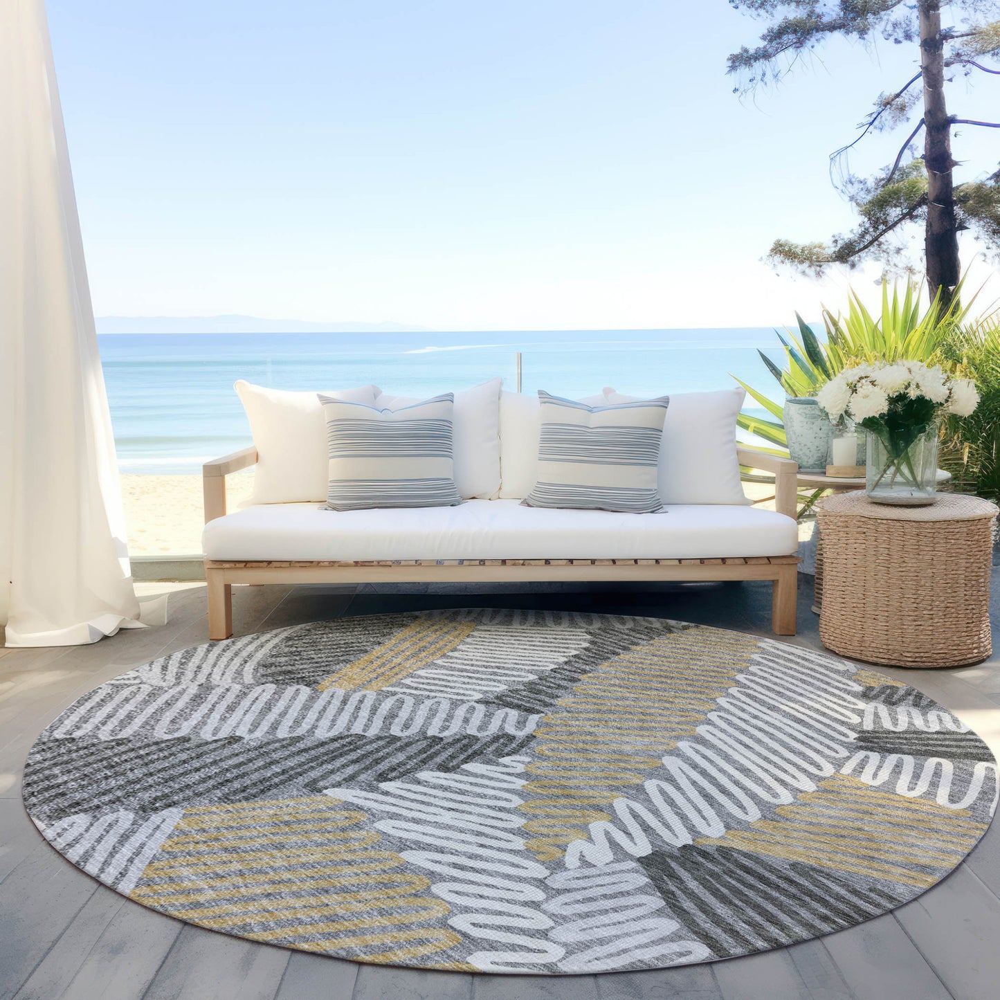 Tabselect Home Line 8' Gray Beige And Ivory Round Floral Washable Indoor Outdoor Area Rug