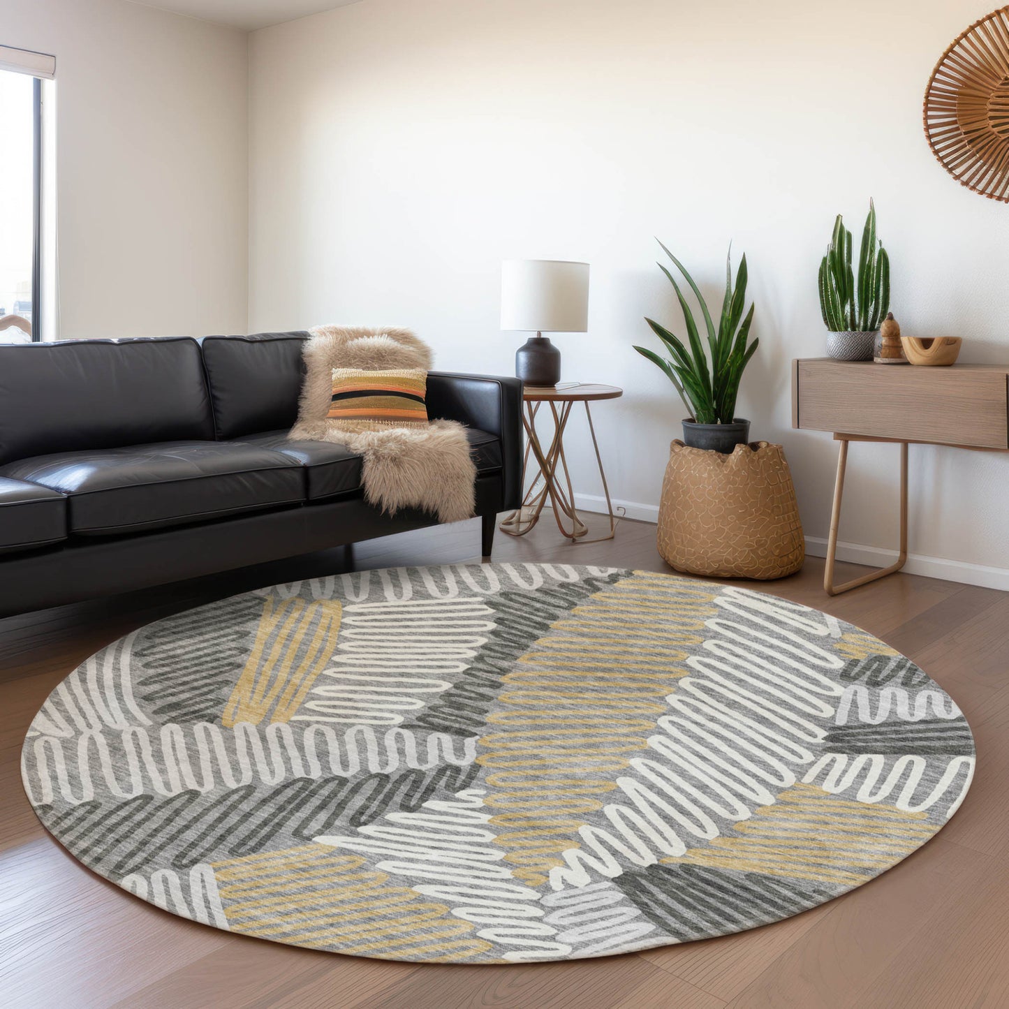 Tabselect Home Line 8' Gray Beige And Ivory Round Floral Washable Indoor Outdoor Area Rug