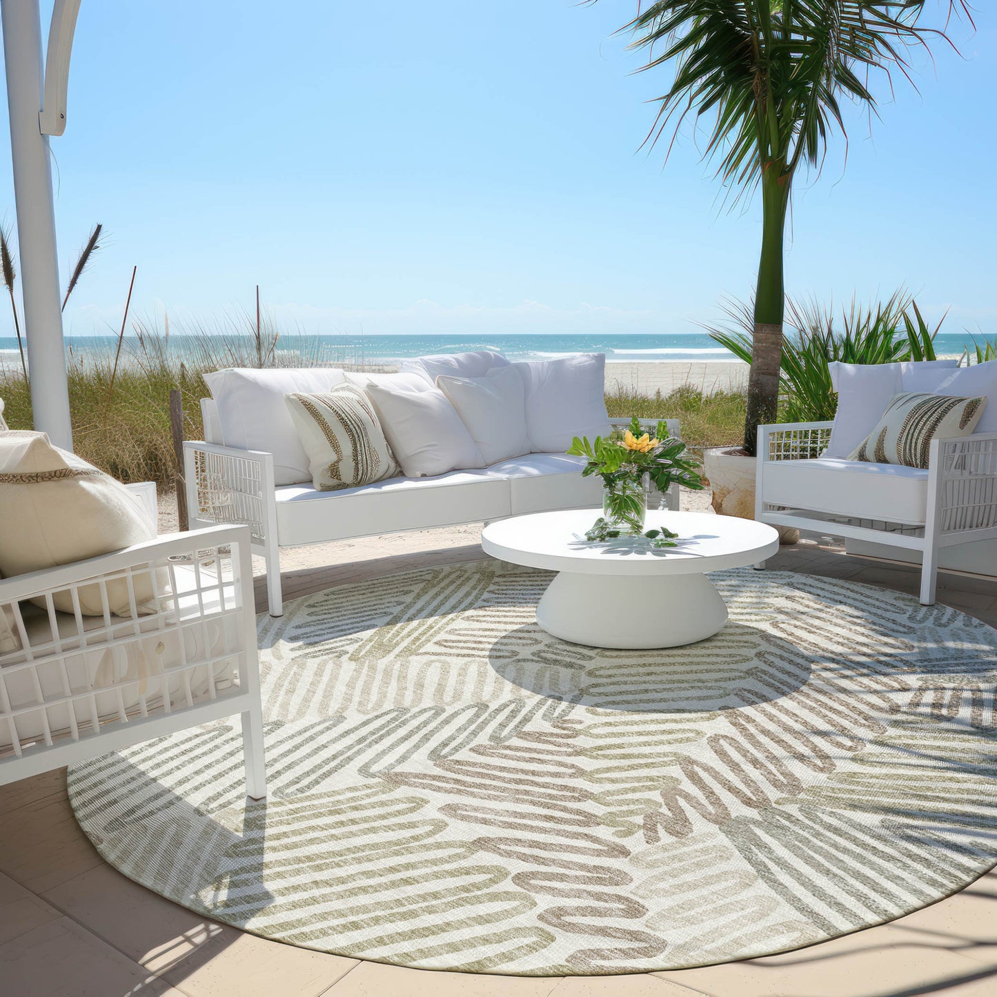 Tabselect Home Line 8' Ivory Gray And Brown Round Floral Washable Indoor Outdoor Area Rug