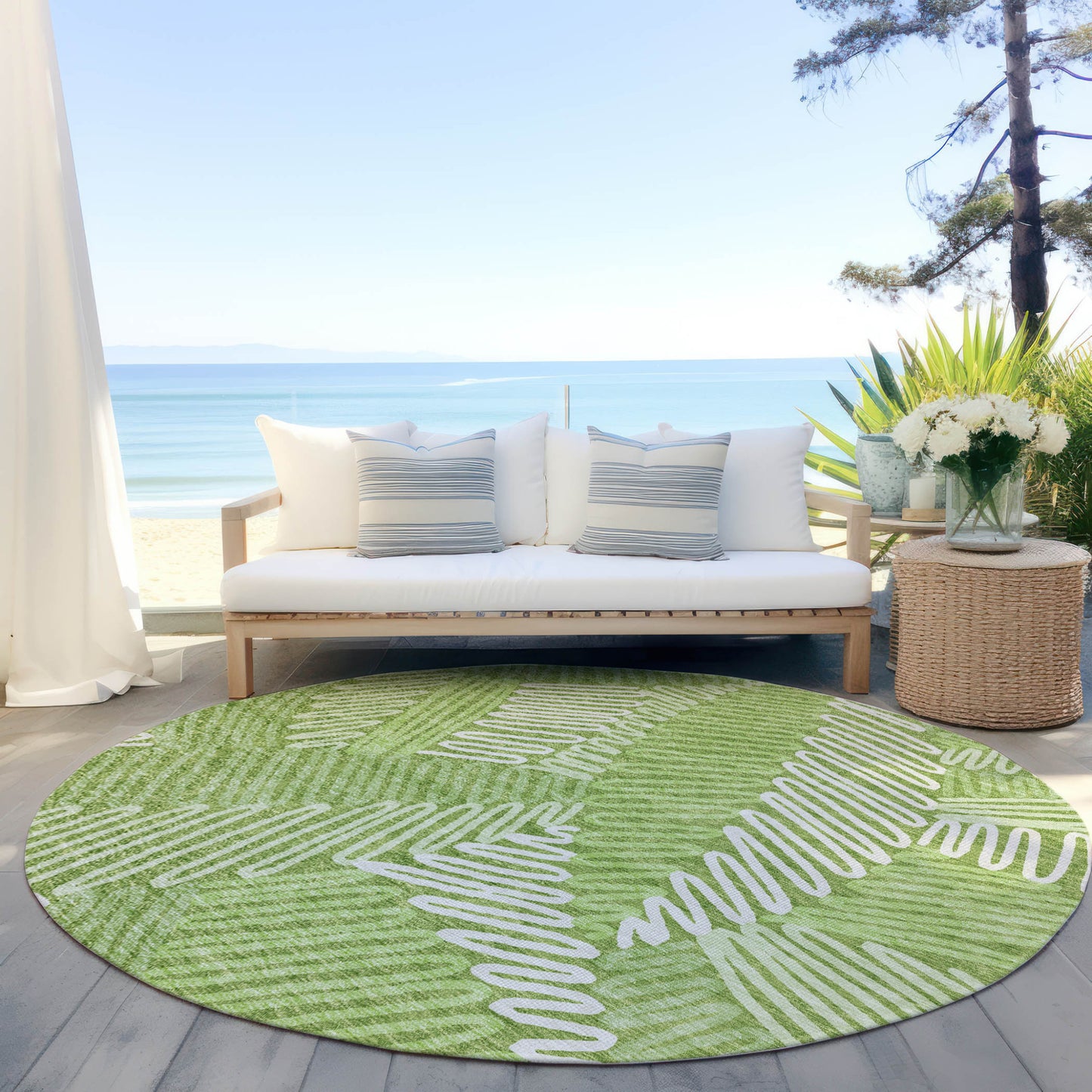 Tabselect Home Line 8' Lime Green And Ivory Round Floral Washable Indoor Outdoor Area Rug