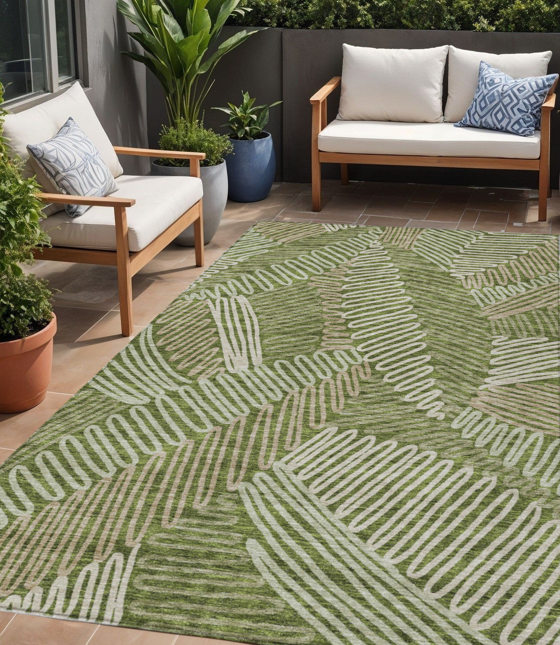 Tabselect Home Line 5' X 8' Olive Green Brown And Ivory Floral Washable Indoor Outdoor Area Rug