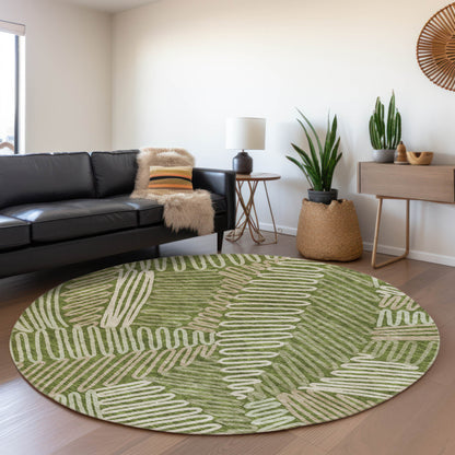 Tabselect Home Line 8' Olive Green Brown And Ivory Round Floral Washable Indoor Outdoor Area Rug