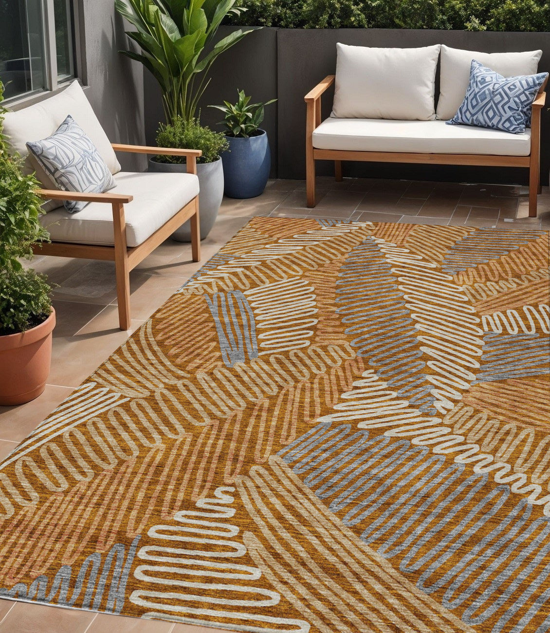 Tabselect Home Line 5' X 8' Orange Beige And Gray Floral Washable Indoor Outdoor Area Rug