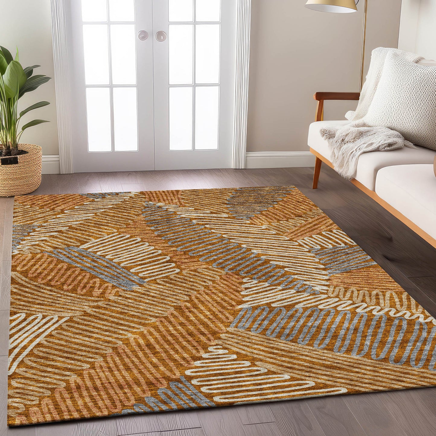 Tabselect Home Line 5' X 8' Orange Beige And Gray Floral Washable Indoor Outdoor Area Rug