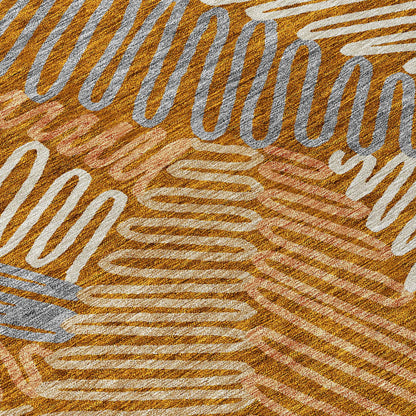 Tabselect Home Line 8' Orange Beige And Gray Round Floral Washable Indoor Outdoor Area Rug