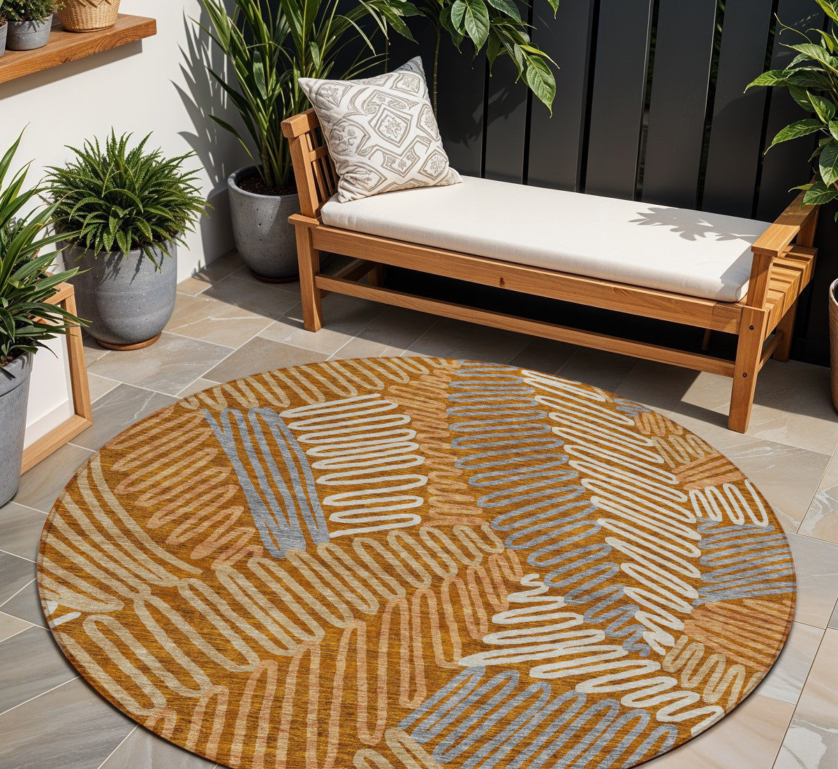 Tabselect Home Line 8' Orange Beige And Gray Round Floral Washable Indoor Outdoor Area Rug