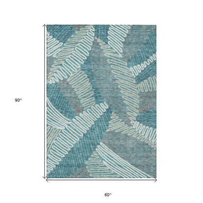 Tabselect Home Line 5' X 8' Teal Blue Gray And Ivory Floral Washable Indoor Outdoor Area Rug
