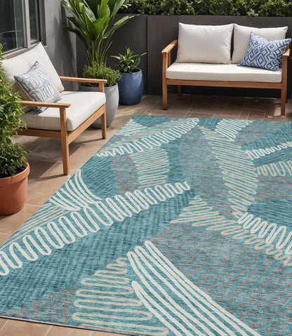 Tabselect Home Line 5' X 8' Teal Blue Gray And Ivory Floral Washable Indoor Outdoor Area Rug