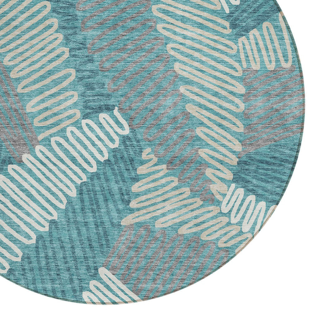 Tabselect Home Line 8' Teal Blue Gray And Ivory Round Floral Washable Indoor Outdoor Area Rug