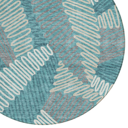 Tabselect Home Line 8' Teal Blue Gray And Ivory Round Floral Washable Indoor Outdoor Area Rug
