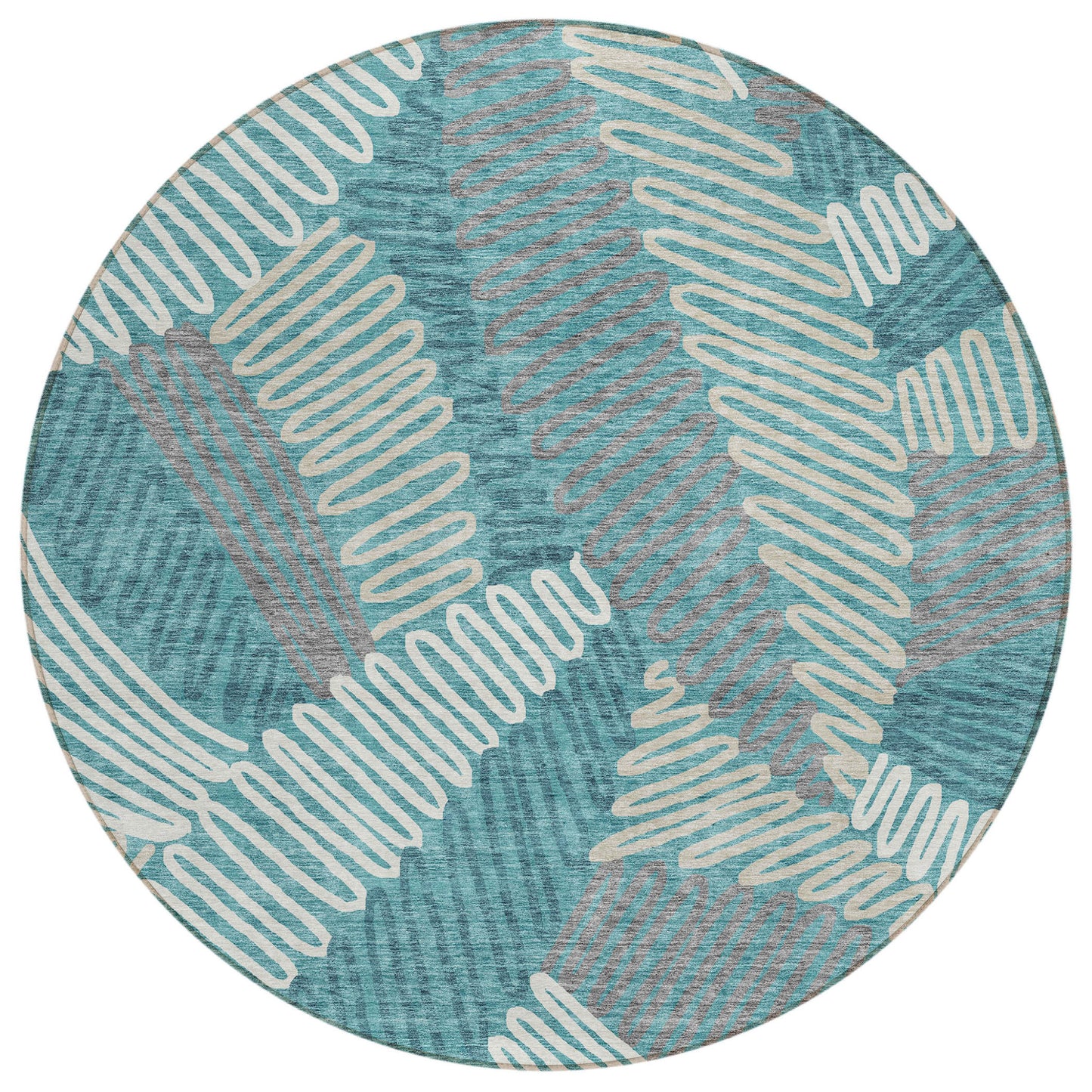 Tabselect Home Line 8' Teal Blue Gray And Ivory Round Floral Washable Indoor Outdoor Area Rug