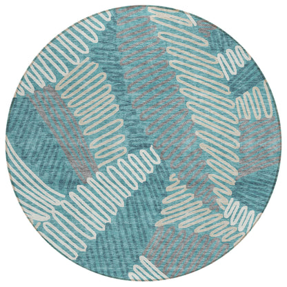 Tabselect Home Line 8' Teal Blue Gray And Ivory Round Floral Washable Indoor Outdoor Area Rug