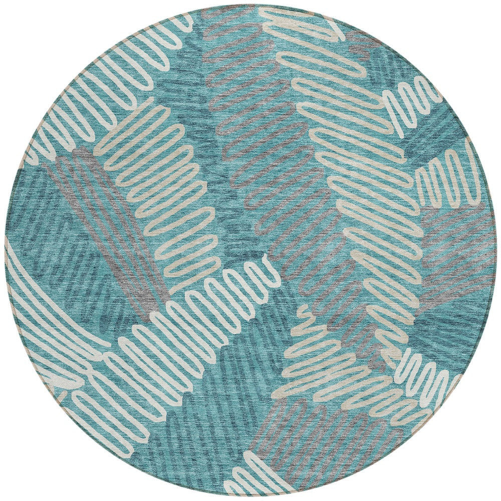 Tabselect Home Line 8' Teal Blue Gray And Ivory Round Floral Washable Indoor Outdoor Area Rug