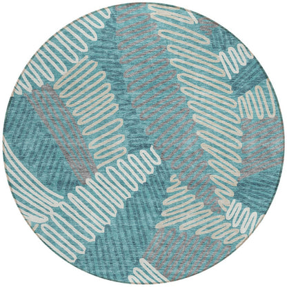 Tabselect Home Line 8' Teal Blue Gray And Ivory Round Floral Washable Indoor Outdoor Area Rug
