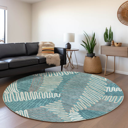 Tabselect Home Line 8' Teal Blue Gray And Ivory Round Floral Washable Indoor Outdoor Area Rug