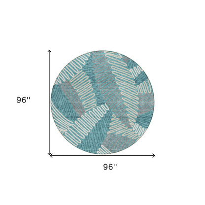 Tabselect Home Line 8' Teal Blue Gray And Ivory Round Floral Washable Indoor Outdoor Area Rug