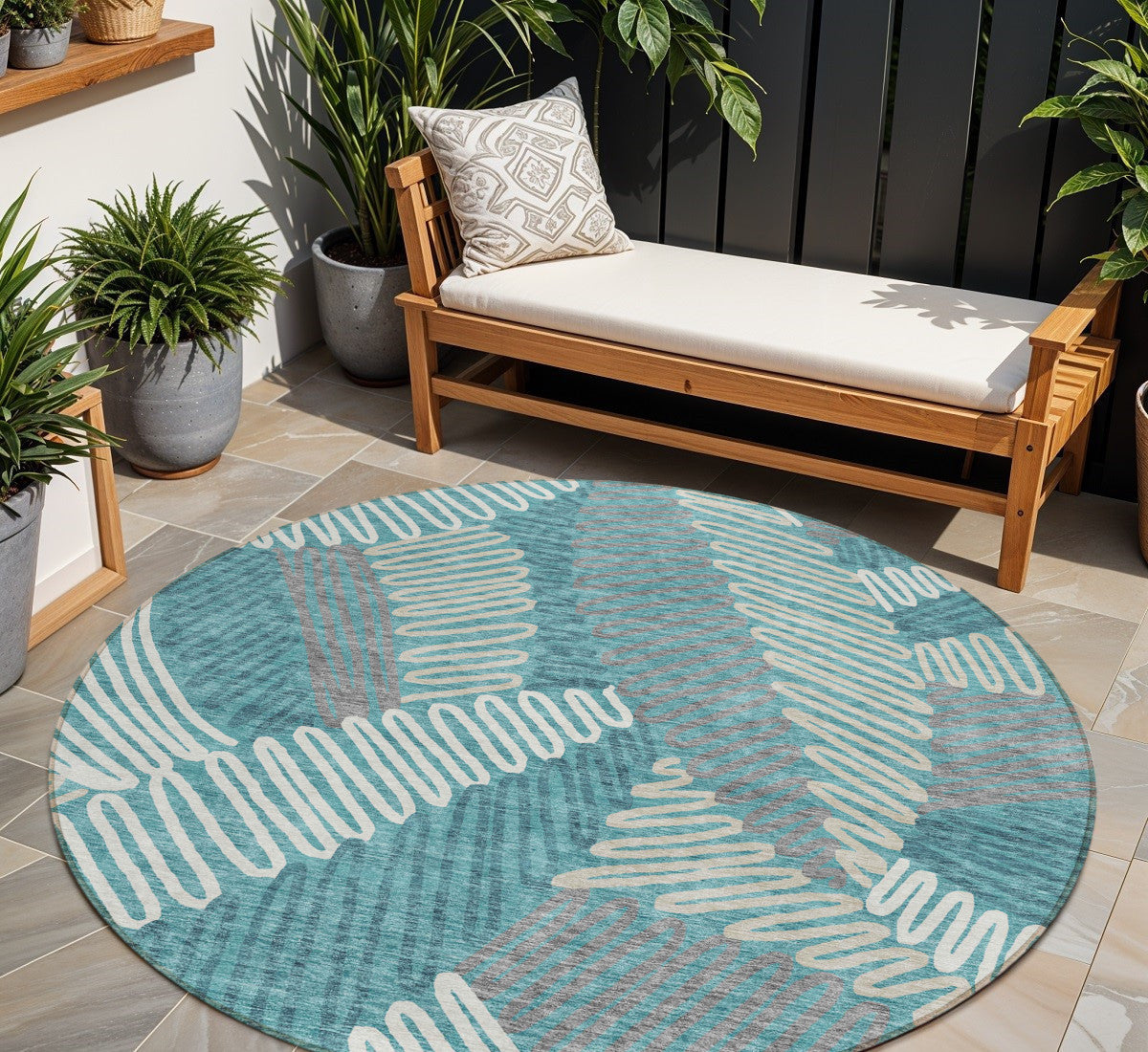Tabselect Home Line 8' Teal Blue Gray And Ivory Round Floral Washable Indoor Outdoor Area Rug