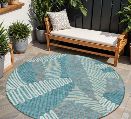 Tabselect Home Line 8' Teal Blue Gray And Ivory Round Floral Washable Indoor Outdoor Area Rug