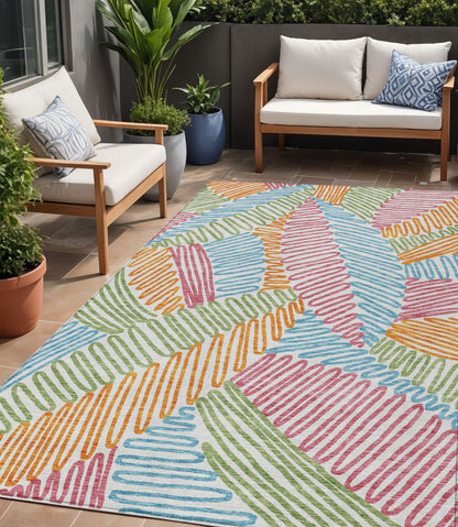 Tabselect Home Line 5' X 8' Blue Green And Pink Floral Washable Indoor Outdoor Area Rug