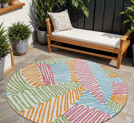 Tabselect Home Line 8' Blue Green And Pink Round Floral Washable Indoor Outdoor Area Rug