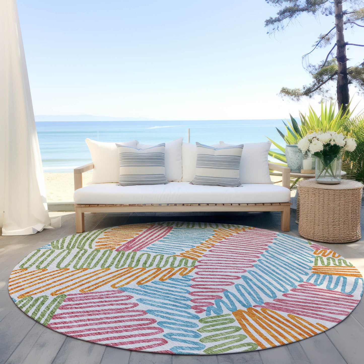 Tabselect Home Line 8' Blue Green And Pink Round Floral Washable Indoor Outdoor Area Rug