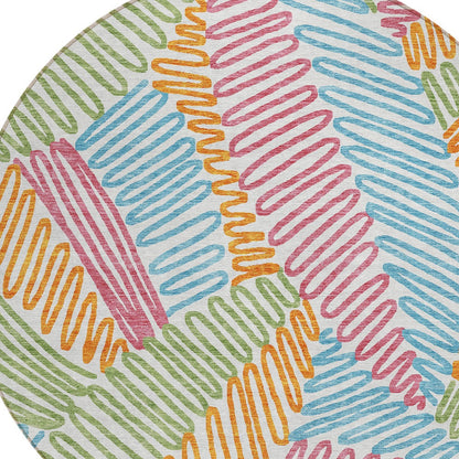 Tabselect Home Line 8' Blue Green And Pink Round Floral Washable Indoor Outdoor Area Rug