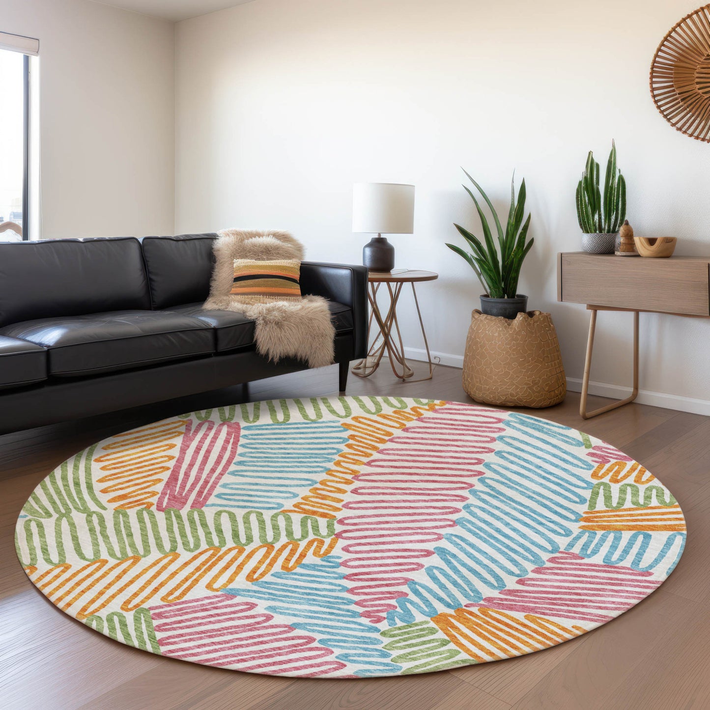 Tabselect Home Line 8' Blue Green And Pink Round Floral Washable Indoor Outdoor Area Rug