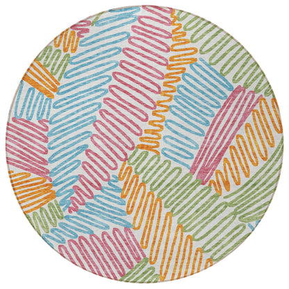 Tabselect Home Line 8' Blue Green And Pink Round Floral Washable Indoor Outdoor Area Rug