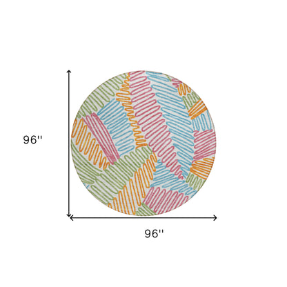 Tabselect Home Line 8' Blue Green And Pink Round Floral Washable Indoor Outdoor Area Rug