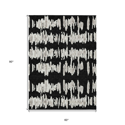 Tabselect Home Line 5' X 8' Black Ivory And Gray Striped Washable Indoor Outdoor Area Rug