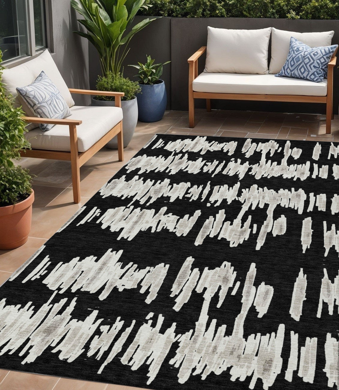 Tabselect Home Line 5' X 8' Black Ivory And Gray Striped Washable Indoor Outdoor Area Rug