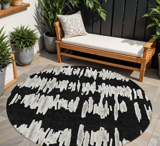 Tabselect Home Line 8' Black Ivory And Gray Round Striped Washable Indoor Outdoor Area Rug