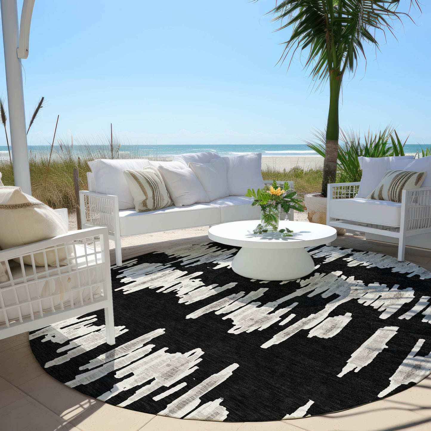 Tabselect Home Line 8' Black Ivory And Gray Round Striped Washable Indoor Outdoor Area Rug