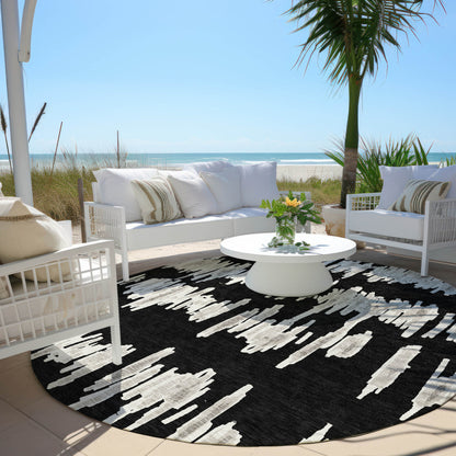 Tabselect Home Line 8' Black Ivory And Gray Round Striped Washable Indoor Outdoor Area Rug