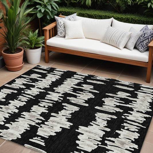 Tabselect Home Line 8' X 10' Black Ivory And Gray Striped Washable Indoor Outdoor Area Rug