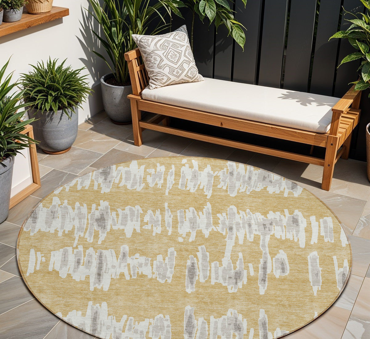 Tabselect Home Line 8' Gold Gray And Ivory Round Striped Washable Indoor Outdoor Area Rug