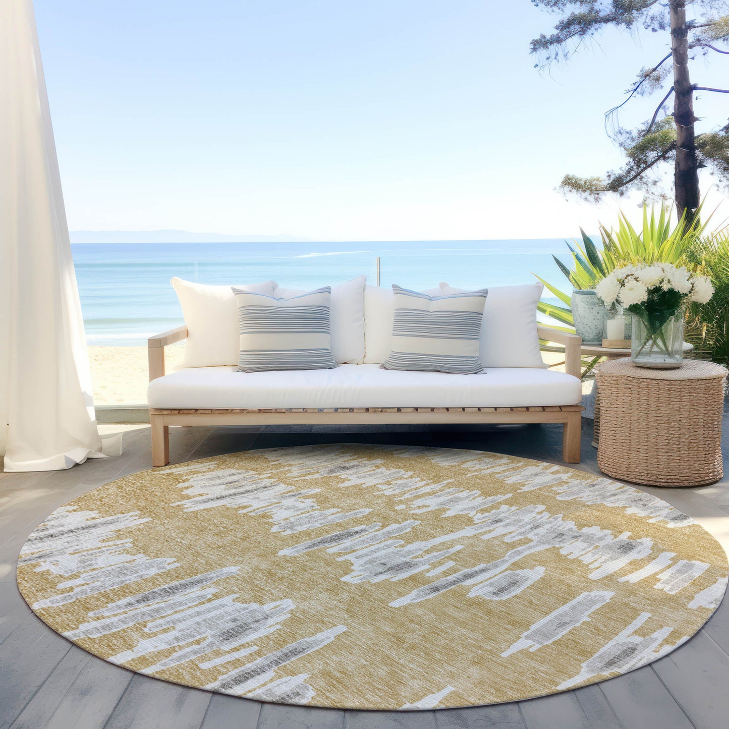 Tabselect Home Line 8' Gold Gray And Ivory Round Striped Washable Indoor Outdoor Area Rug