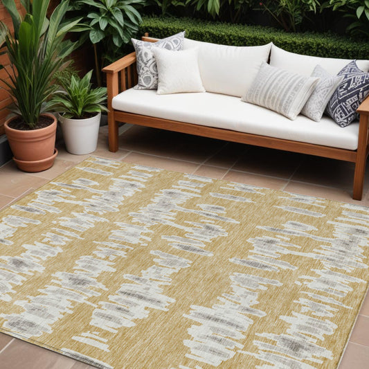 Tabselect Home Line 8' X 10' Gold Gray And Ivory Striped Washable Indoor Outdoor Area Rug