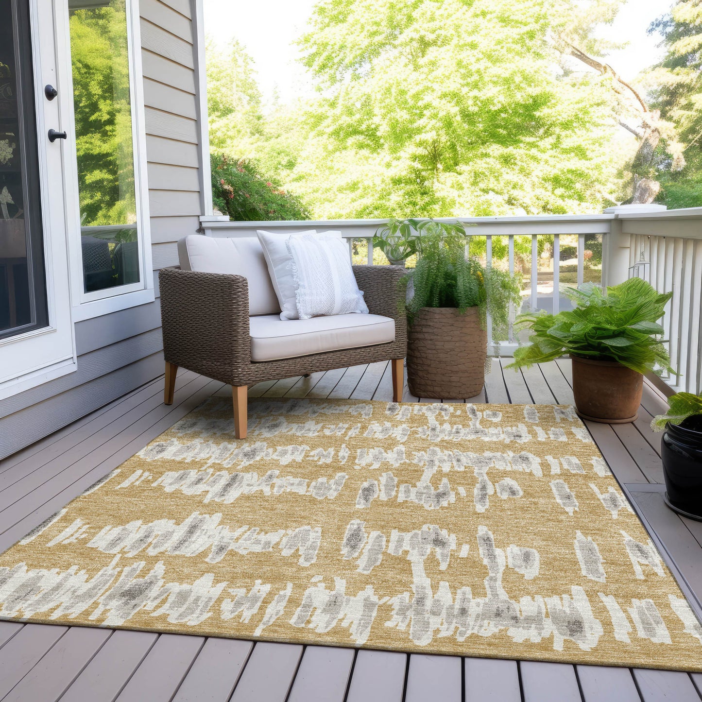 Tabselect Home Line 8' X 10' Gold Gray And Ivory Striped Washable Indoor Outdoor Area Rug