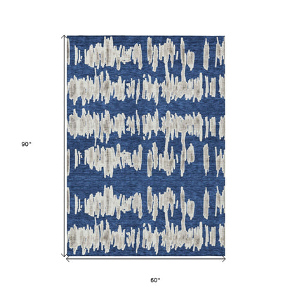 Tabselect Home Line 5' X 8' Navy Blue Gray And Ivory Striped Washable Indoor Outdoor Area Rug