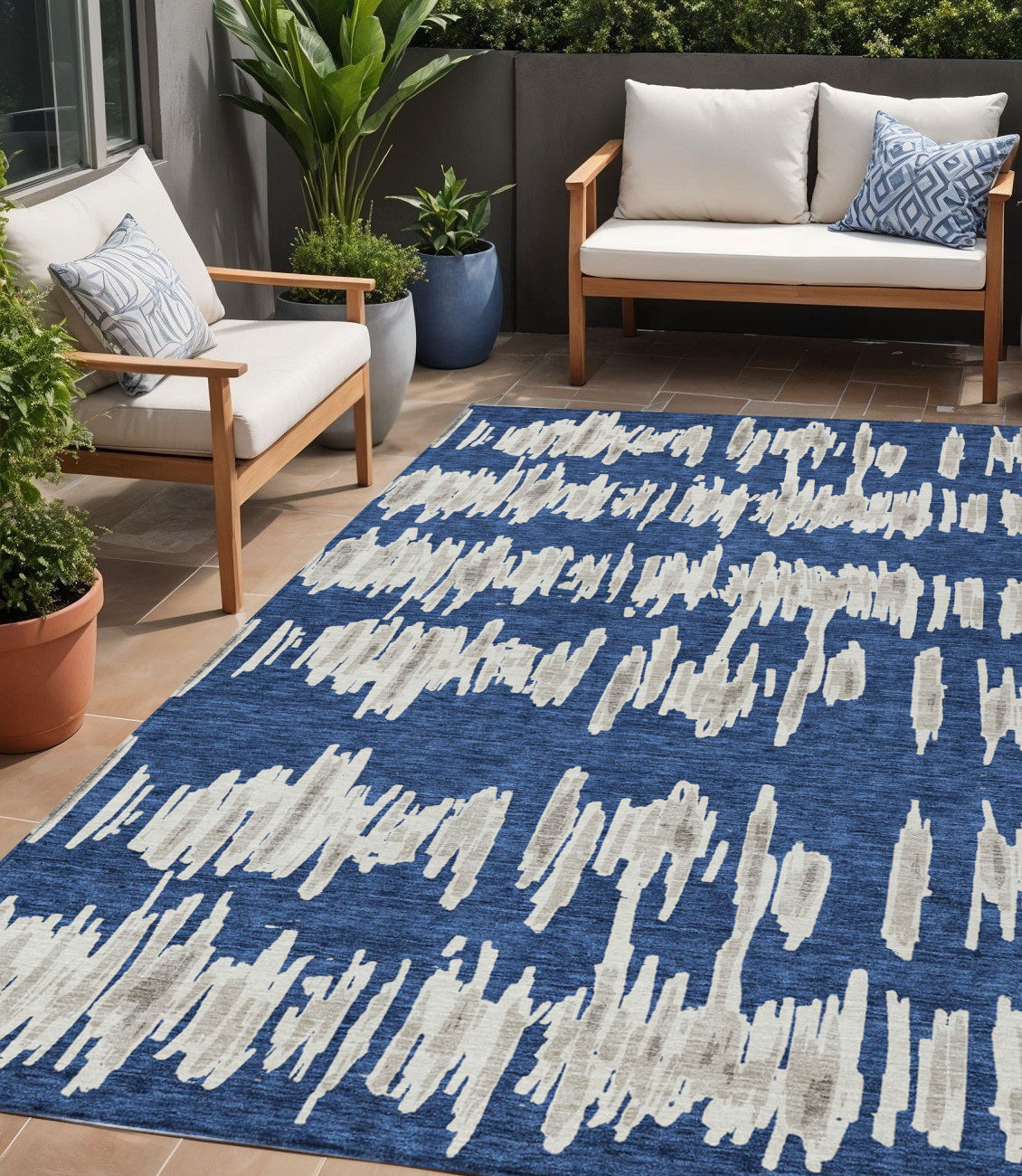Tabselect Home Line 5' X 8' Navy Blue Gray And Ivory Striped Washable Indoor Outdoor Area Rug