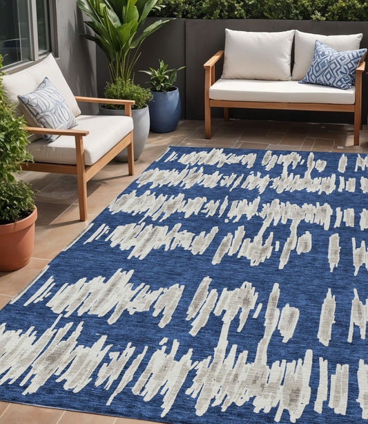 Tabselect Home Line 5' X 8' Navy Blue Gray And Ivory Striped Washable Indoor Outdoor Area Rug