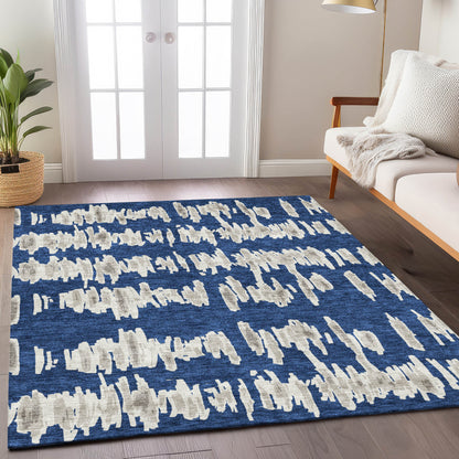 Tabselect Home Line 5' X 8' Navy Blue Gray And Ivory Striped Washable Indoor Outdoor Area Rug