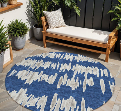 Tabselect Home Line 8' Navy Blue Gray And Ivory Round Striped Washable Indoor Outdoor Area Rug