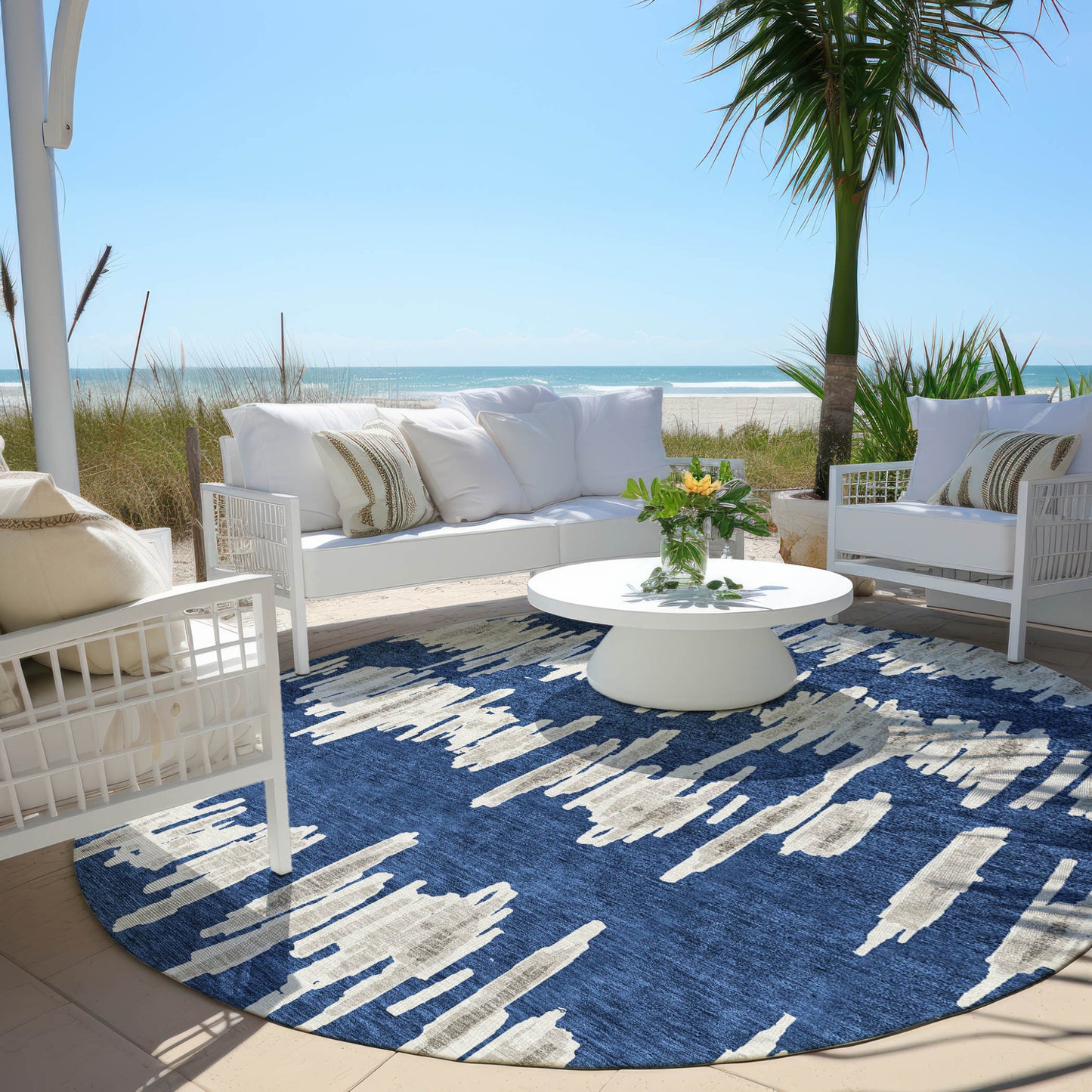Tabselect Home Line 8' Navy Blue Gray And Ivory Round Striped Washable Indoor Outdoor Area Rug
