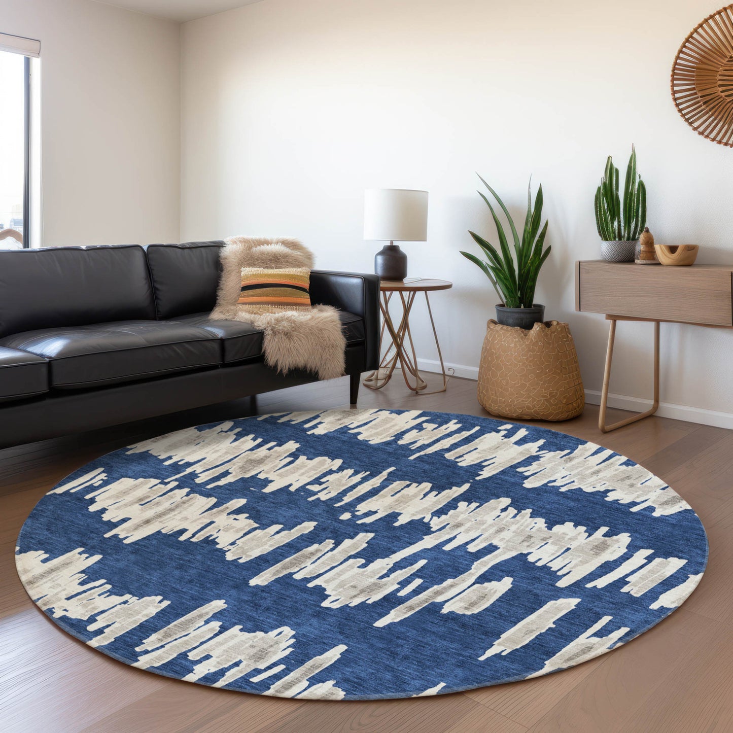 Tabselect Home Line 8' Navy Blue Gray And Ivory Round Striped Washable Indoor Outdoor Area Rug