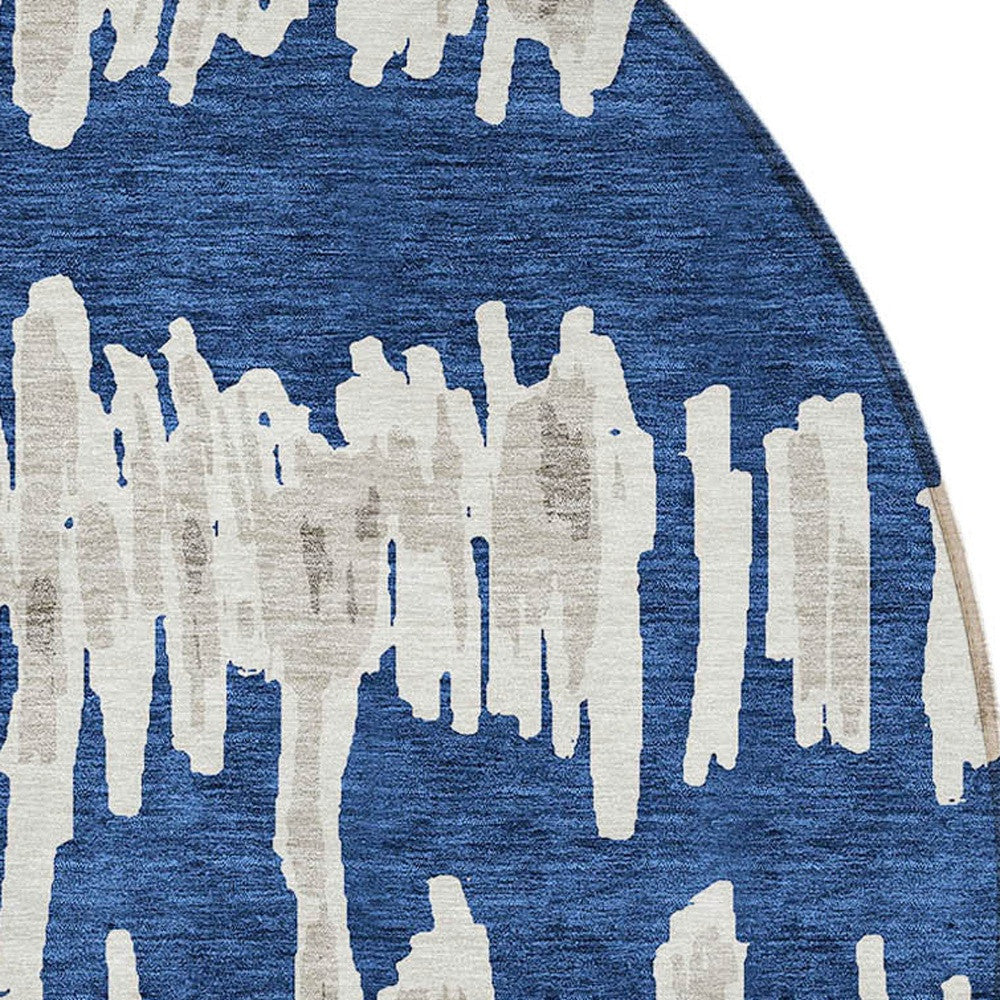 Tabselect Home Line 8' Navy Blue Gray And Ivory Round Striped Washable Indoor Outdoor Area Rug