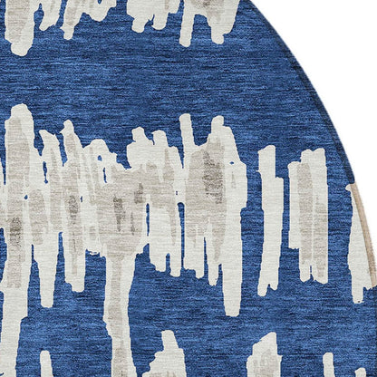 Tabselect Home Line 8' Navy Blue Gray And Ivory Round Striped Washable Indoor Outdoor Area Rug